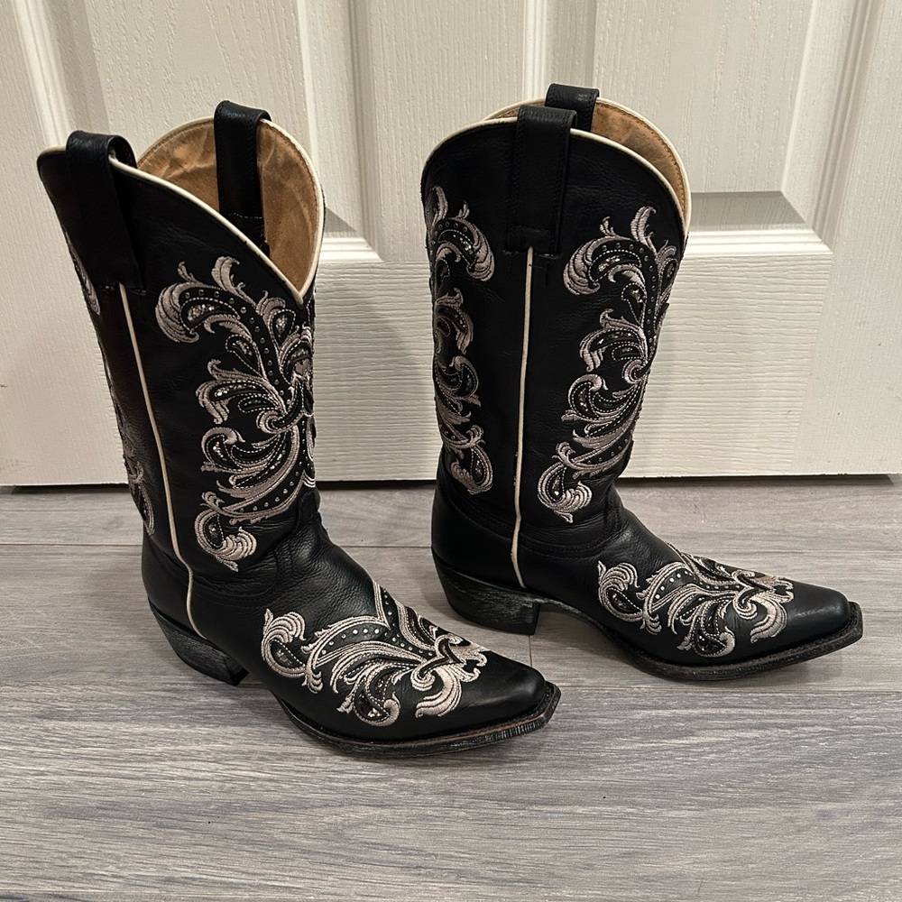 Shyanne Black Leather Cowboy Boots w/ Tan Embroidery, Studs & Glitter Inlay, 7.5